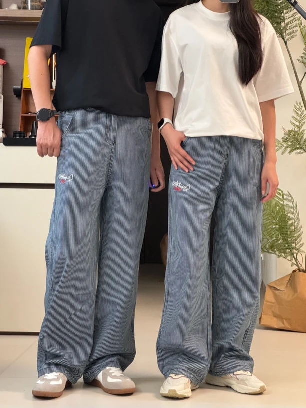 美式刺绣复古竖条纹休闲裤阔腿夏季男女直筒百搭宽松长裤显瘦裤子