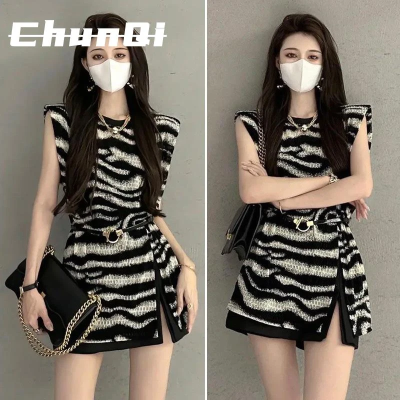 淳启御姐风高级感时尚套装女夏季条纹上衣开叉高腰西装短裤两件套