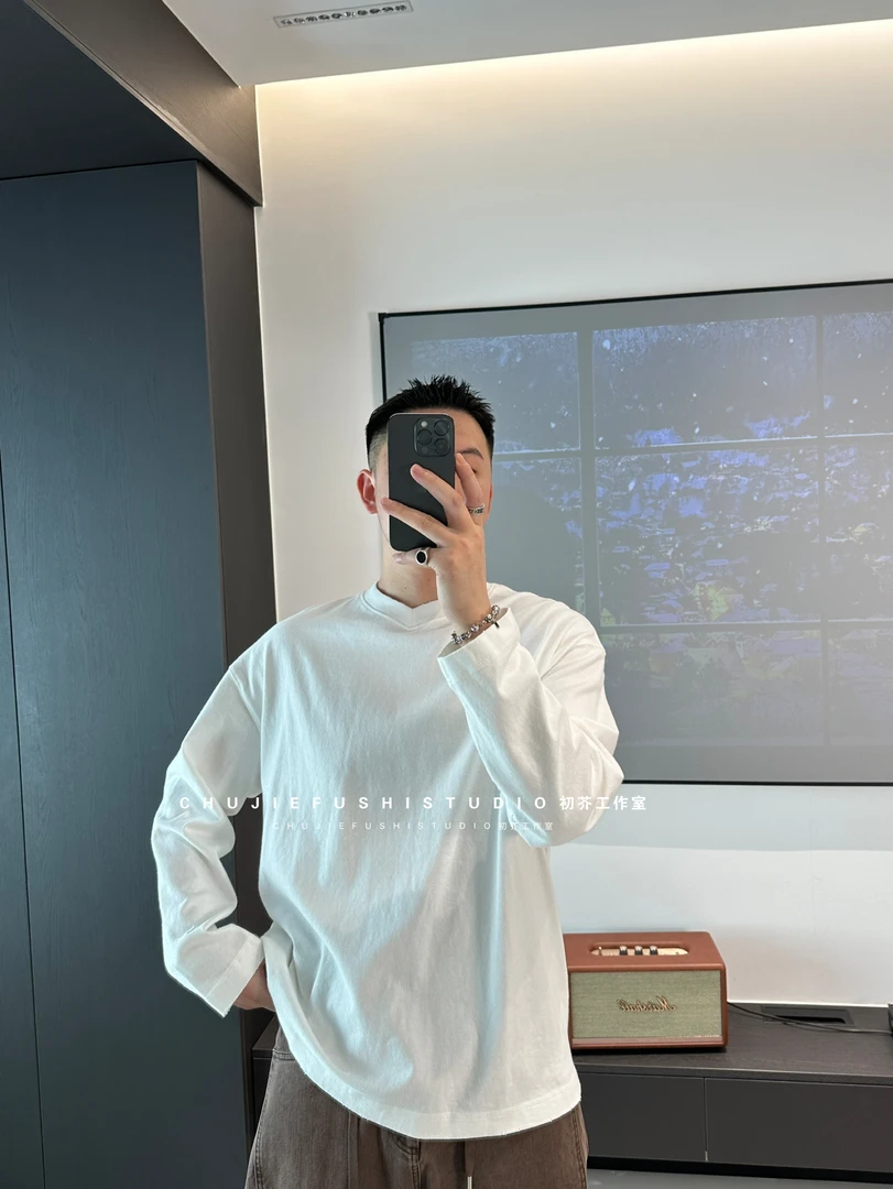 CHUJIE V领设计基础休闲舒适纯色百搭长袖T桖衫