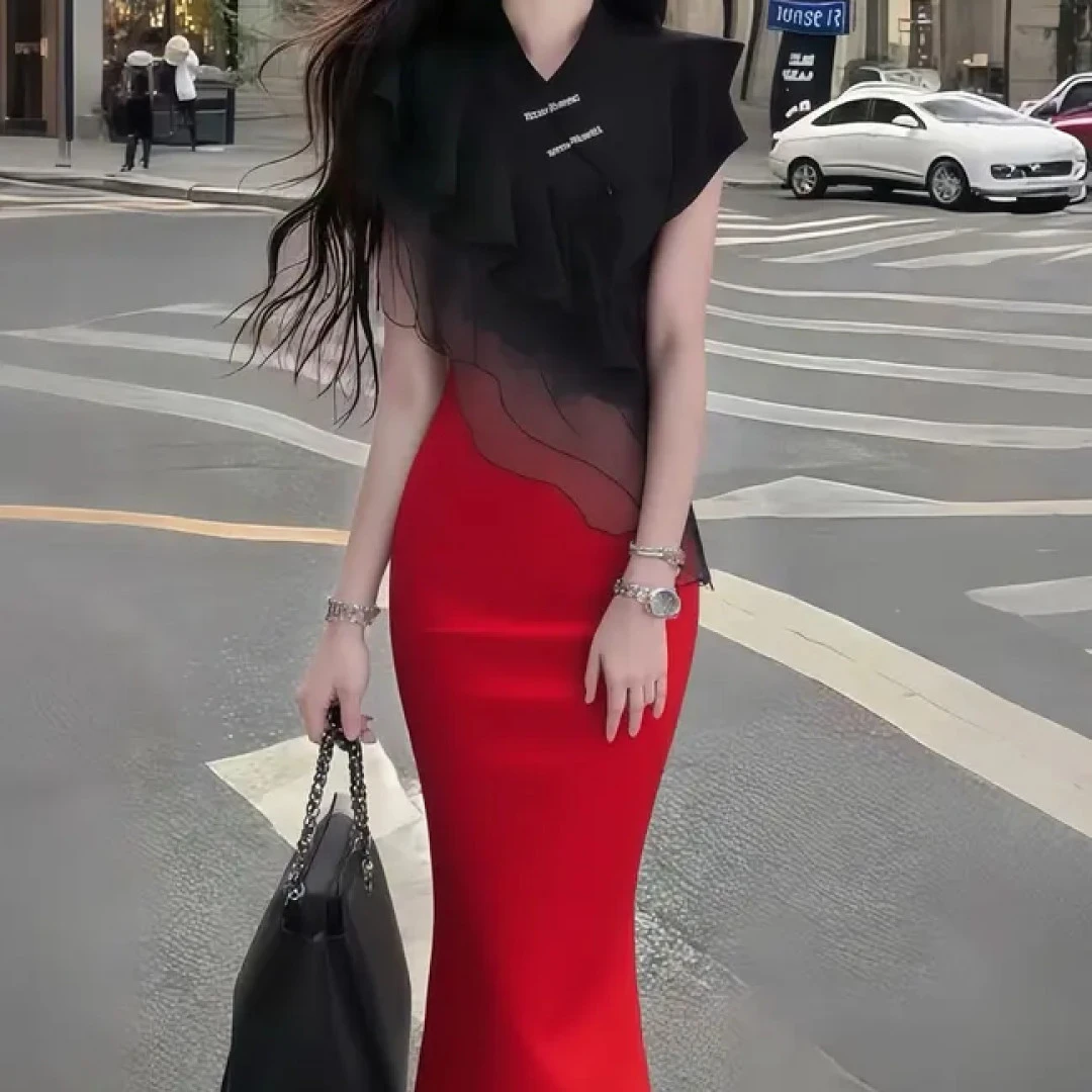 温柔知性风红黑撞色网纱设计V领修身收腰包臀连衣裙女氛围感长裙