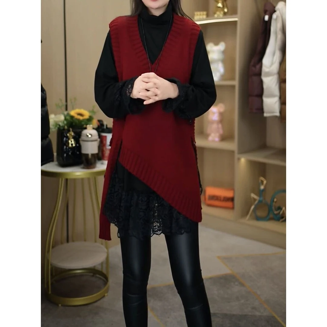 欧货V领不规则针织衫马甲女秋冬新款洋气减龄百搭宽松显瘦外搭