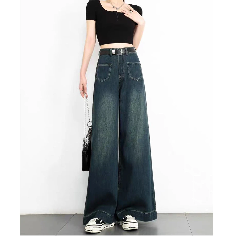 依）沙 断码微瑕疵浅蓝色宽松牛仔裤女夏季显高弹力时尚阔腿牛仔