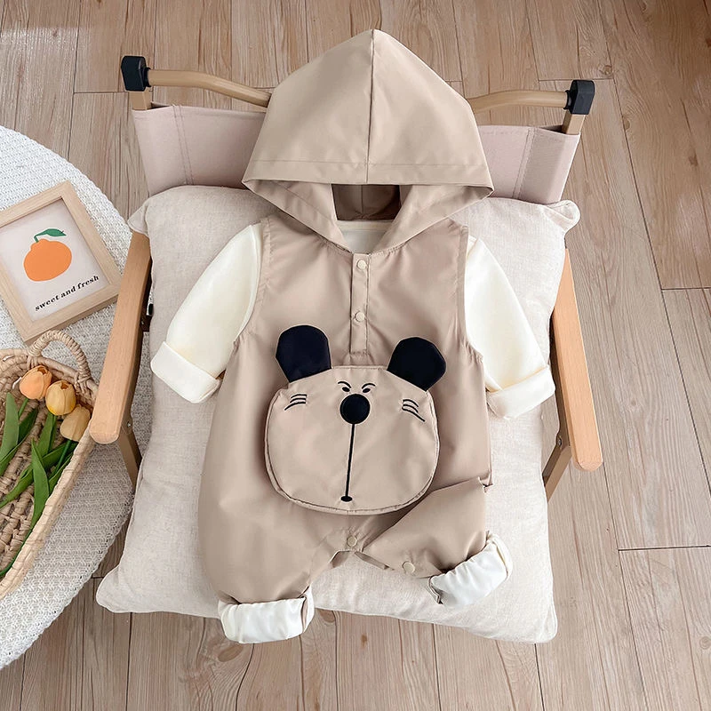 婴儿男女宝宝衣服春秋连体衣外出服春季哈衣外套连帽背带裤套装