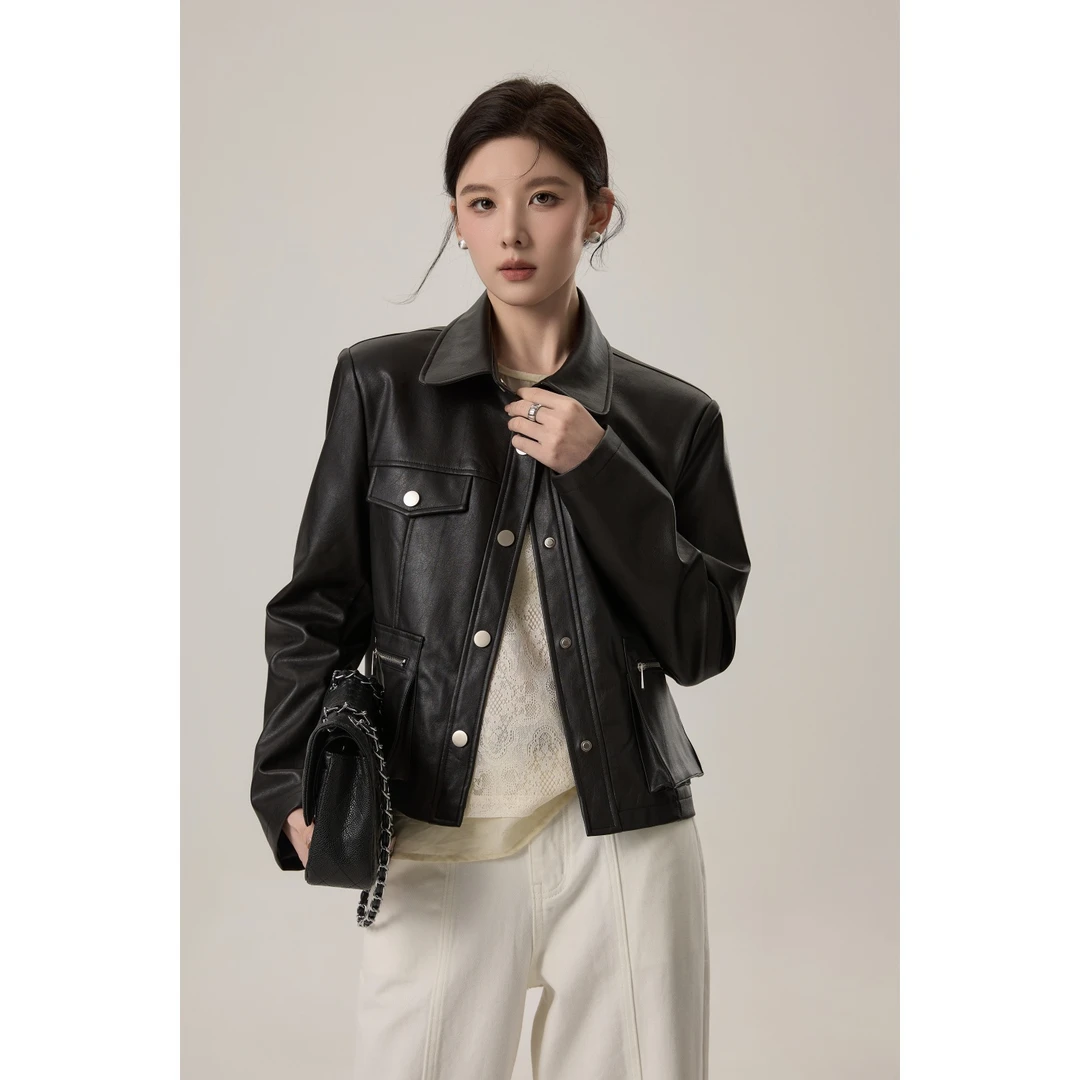 UKILAU【廊桥皮衣】皮衣外套女短款拉链设计小个子小香风皮夹克