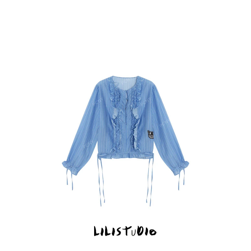 PCNY「海雾未眠」不理理夏季新款小众女装条纹木耳边绑带长袖衬衫