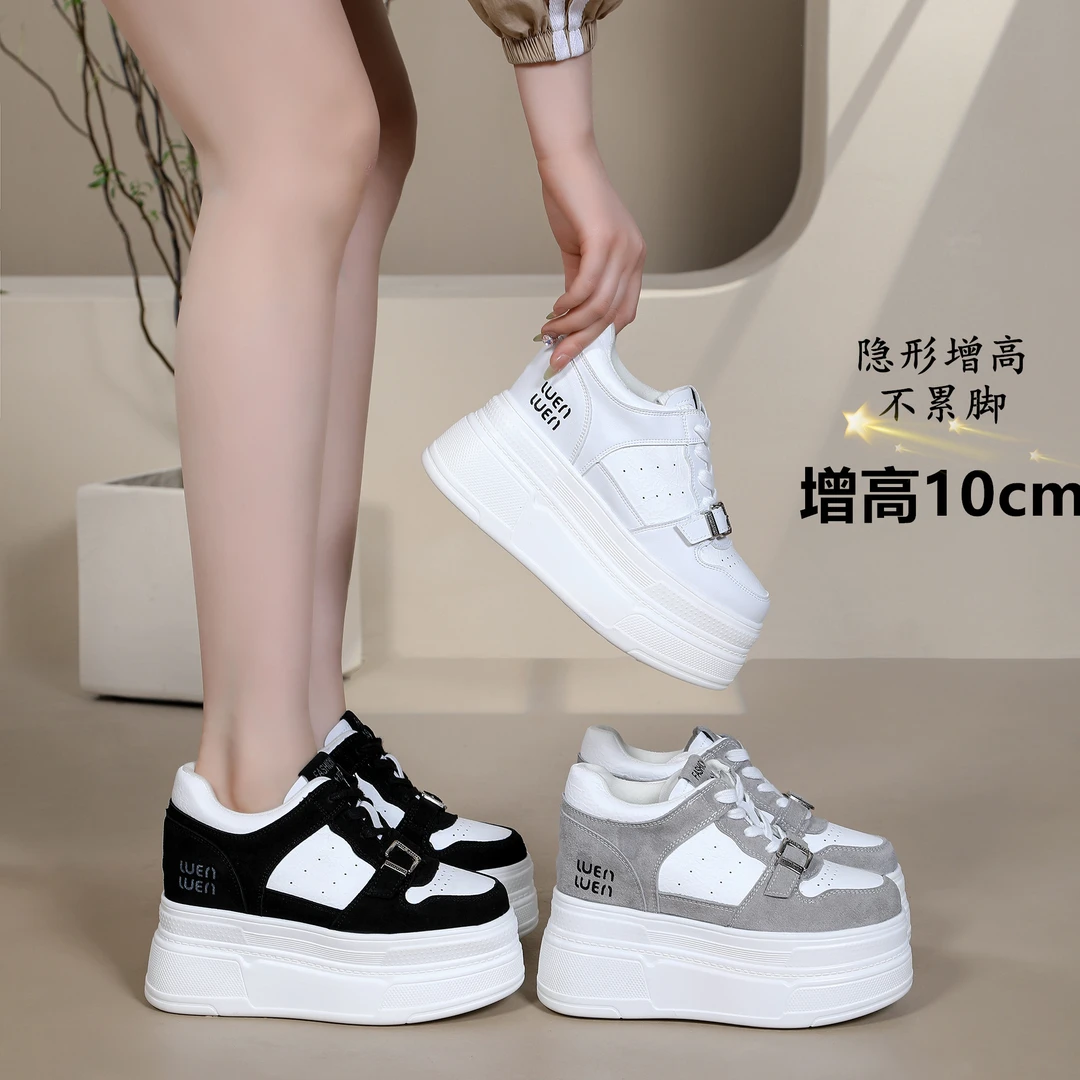 跟高10厘米时尚百搭厚底内增高小白鞋春季新款小个子坡跟休闲女鞋