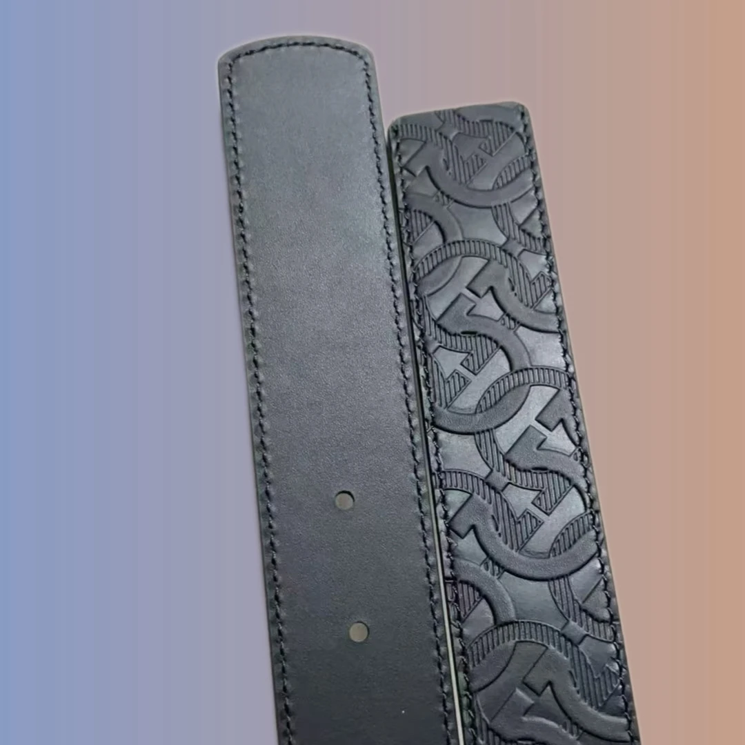 亮银扣黑色大花条男士皮具皮带腰带