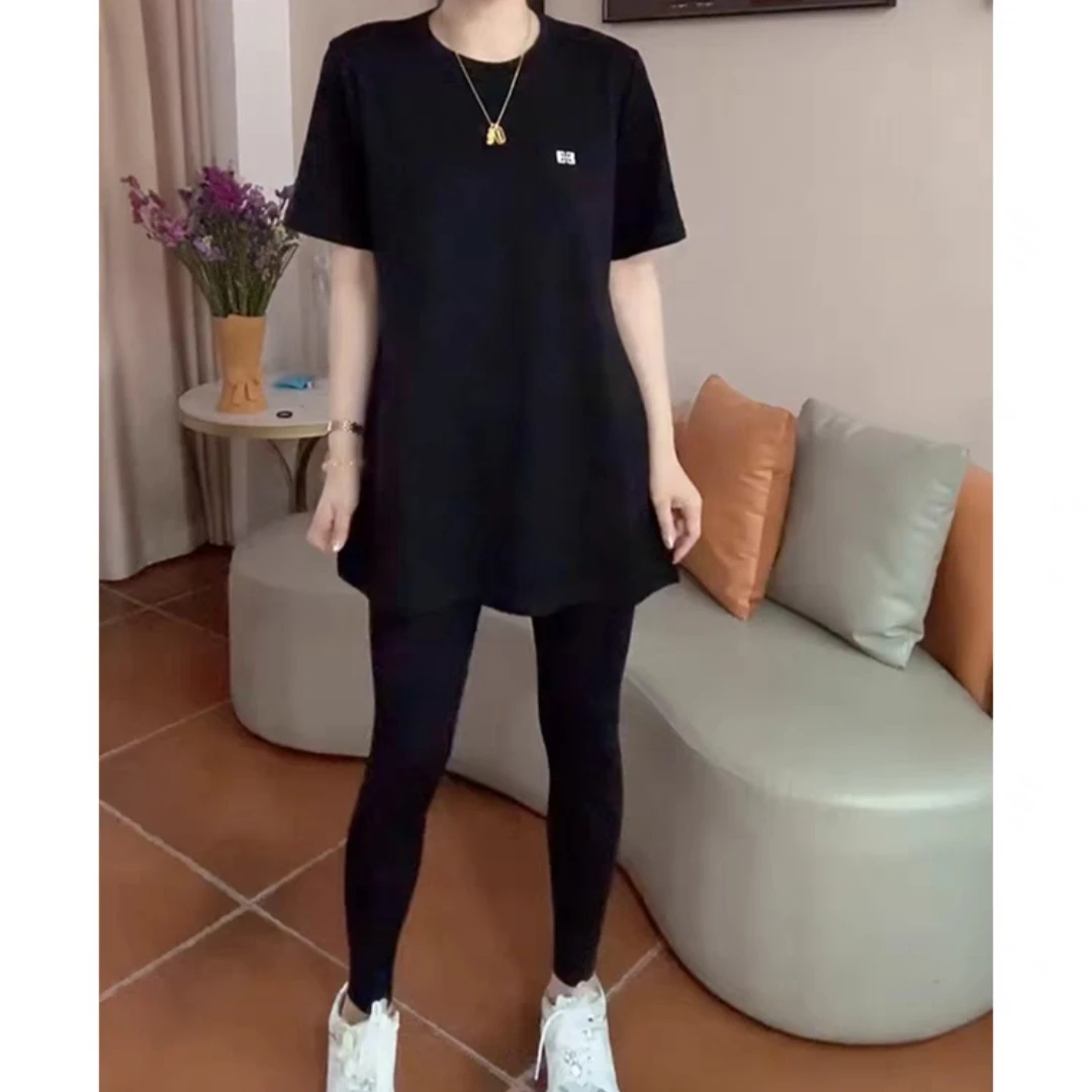 黑色中长款短袖T恤圆领遮胯显瘦简约时尚洋气上衣春夏秋