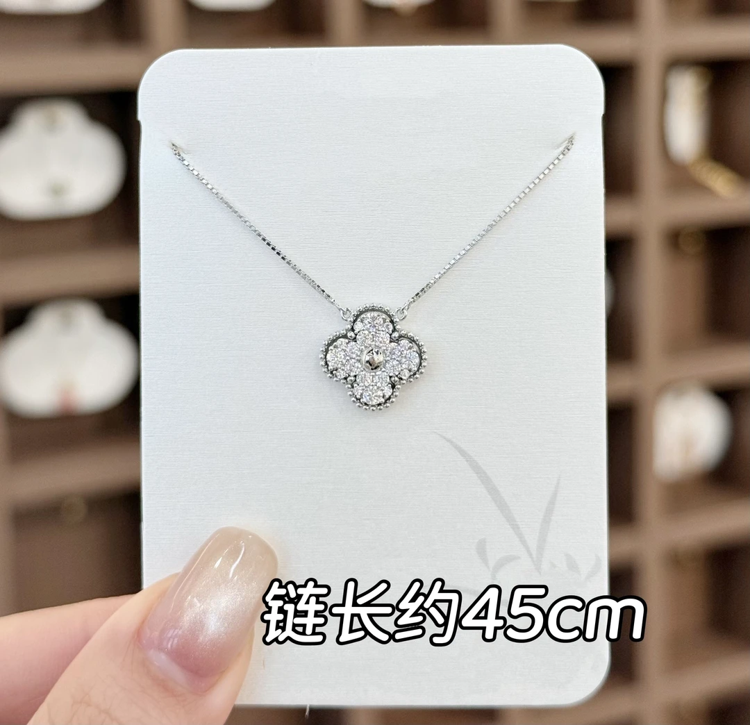 坠链均925银莫桑石 XL-429轻奢小众设计感纯银满钻四叶草锁骨链