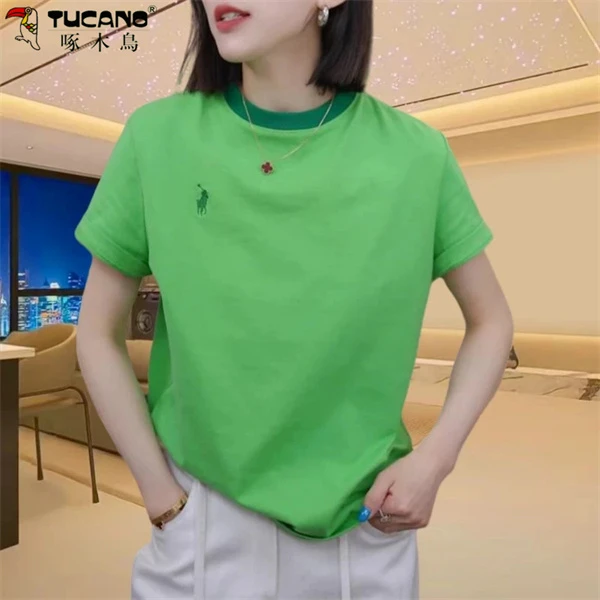 【啄木鳥】纯棉T恤女装打底衫大码时尚宽松图案刺绣上衣女短袖圆领