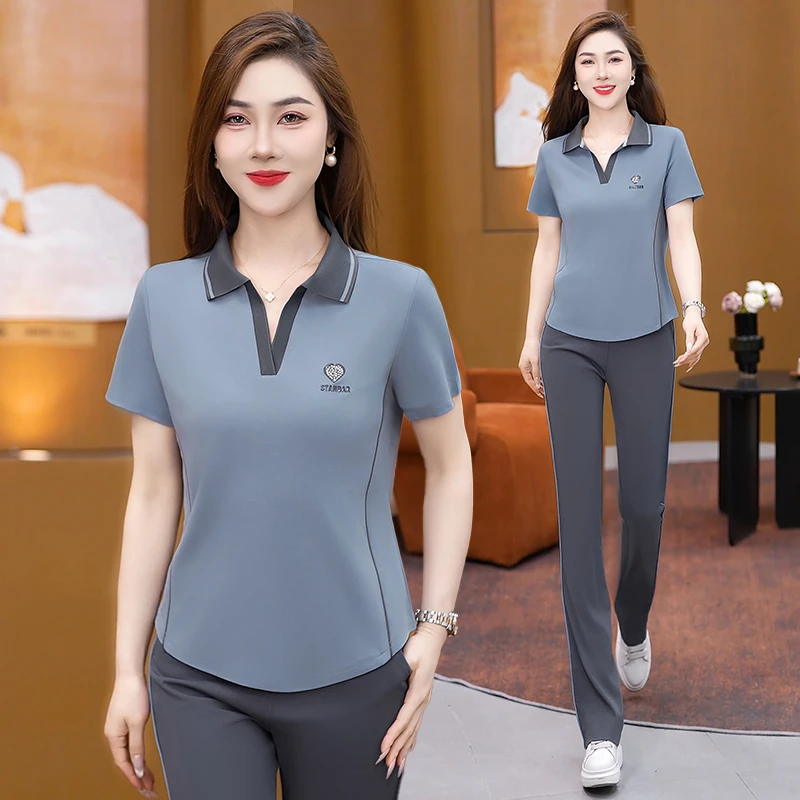 运动服套装女夏季2025新款时尚减龄洋气妈妈冰丝短袖休闲服两件套