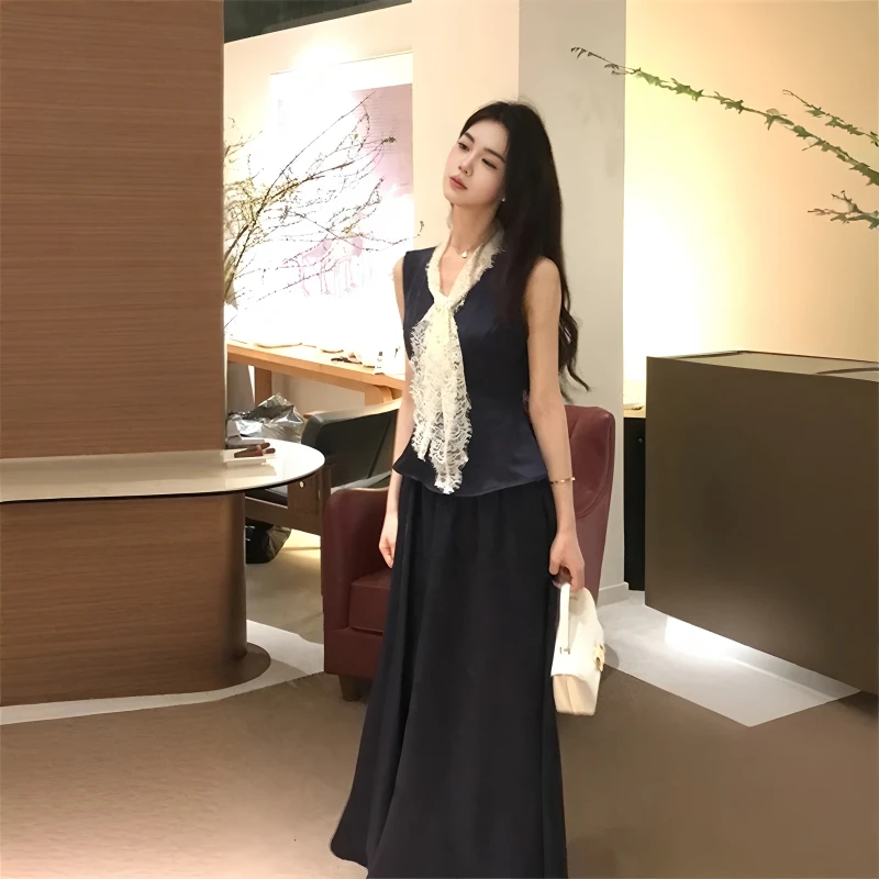 法式高级感蕾丝v领无袖背心上衣女春季新款显瘦a字半身长裙两件套