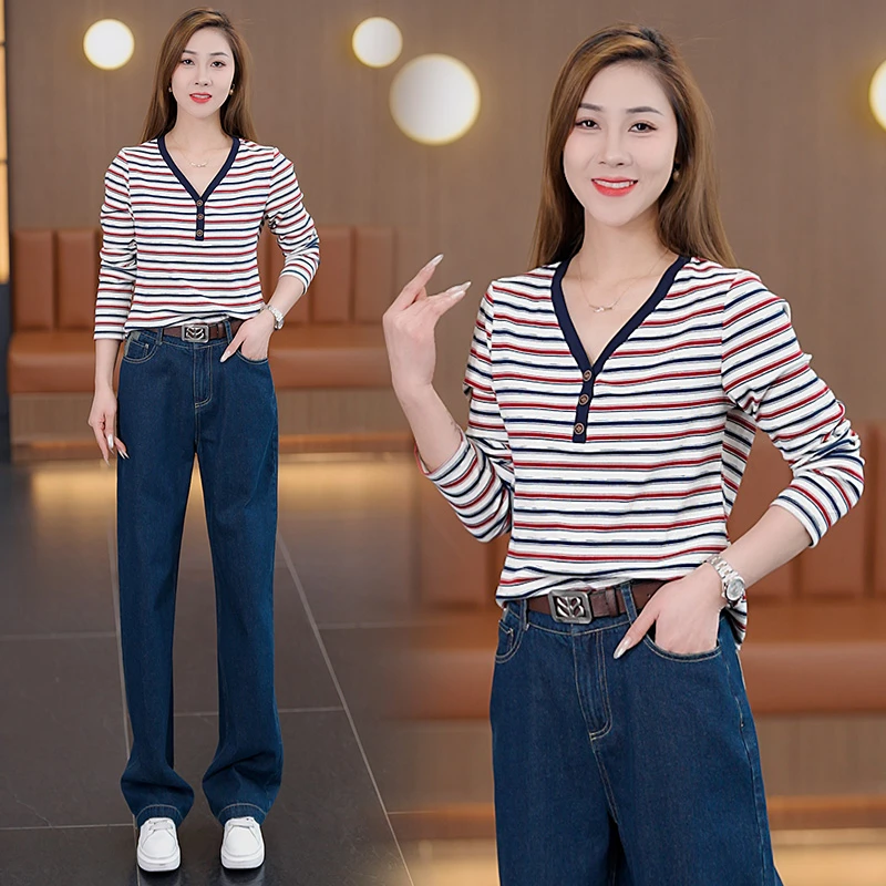 时尚套装高腰直筒裤春秋季洋气条纹牛仔时尚百搭上衣牛仔裤两件套