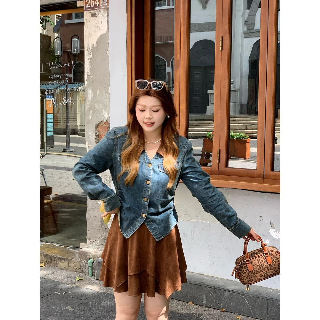 楠序乔乔微胖女装2025秋时尚减龄牛仔外套半裙两件套装女DD10923