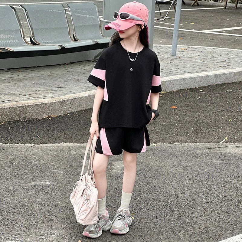 女童夏季套装2025新款洋气短袖t恤女孩中大童时尚休闲短裤两件套