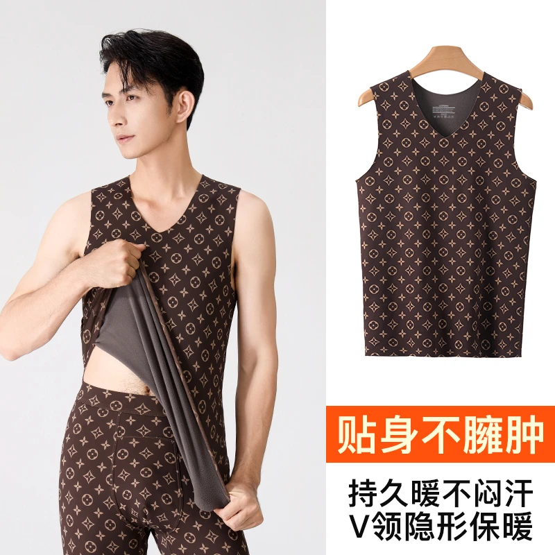 男士老花滑溜溜【保暖背心】印花潮细绒内穿秋冬季打底睡衣家居服