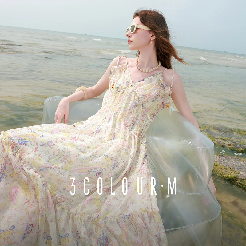 三彩2025夏季新款度假吊带裙腰果花V领流苏连衣裙长裙氛围感M