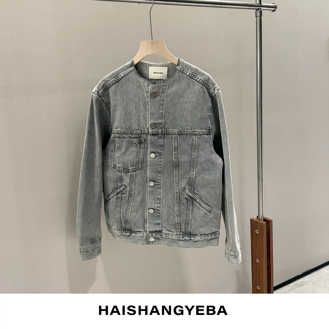 【海上叶爸】百搭棉无领牛仔外套