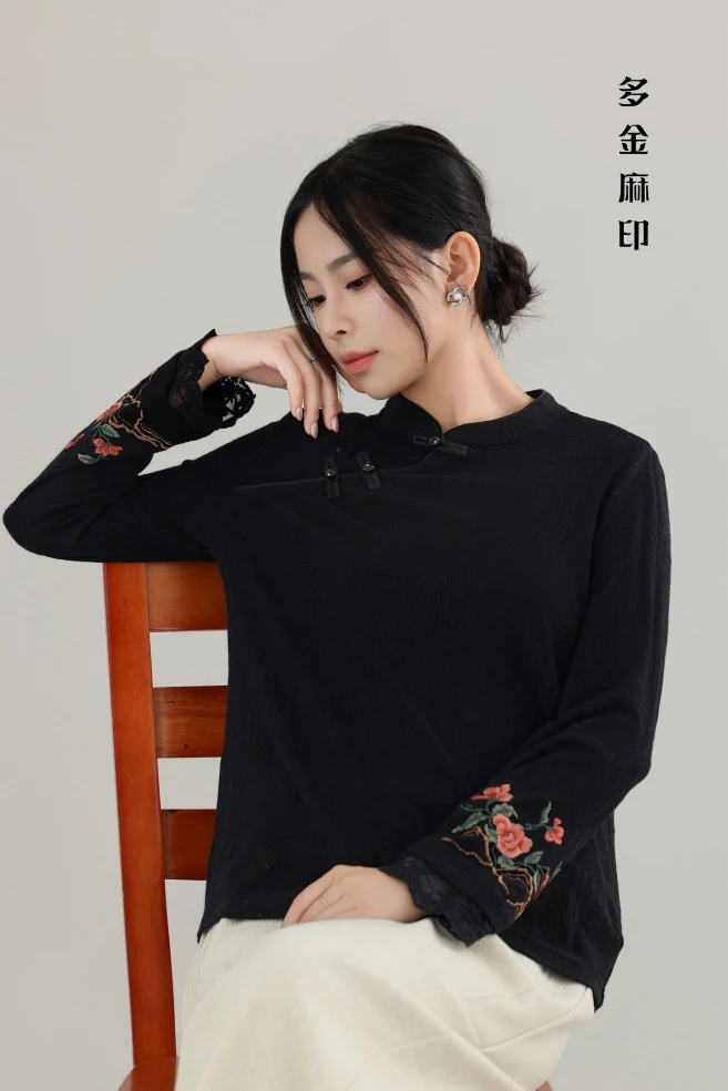 多金女夏秋装季国风中式上衣长袖内早春薄款提花缎面衬衫中式绣花