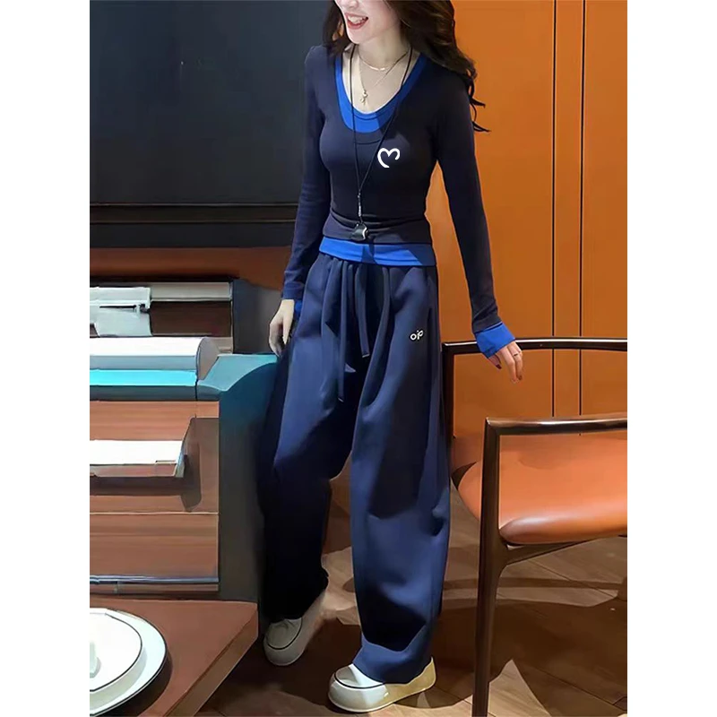 韩版撞色拼接假两件V领长袖T恤女秋冬季新款时尚气质百搭别致上衣