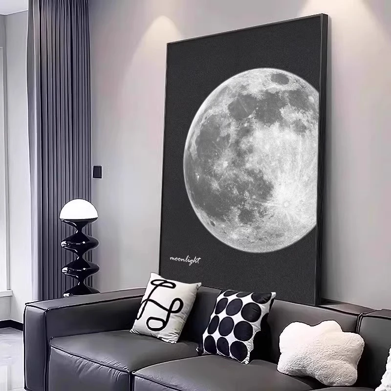 黑白简约客厅装饰画沙发背景墙月球落地画轻奢玄关柜平面摆挂画