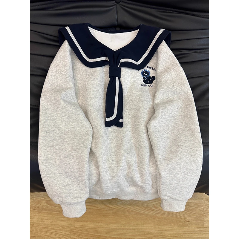 奥特莱斯~品牌清仓特大码300斤设计感刺绣小狗海军领卫衣女春秋季