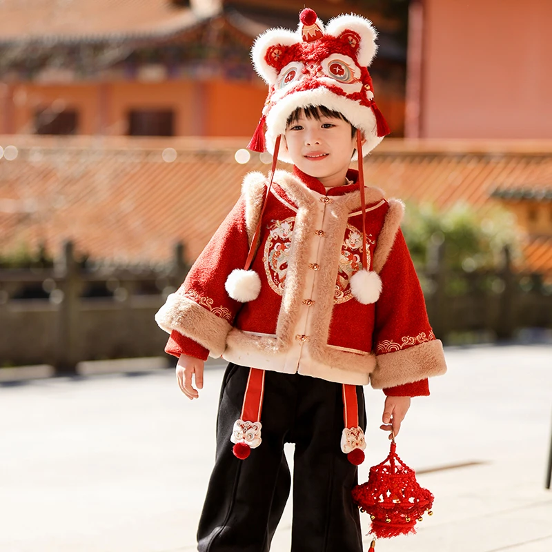 【鱼嬉游龙】汉服男童冬装宝宝中国风红色喜庆棉服套装儿童拜年服