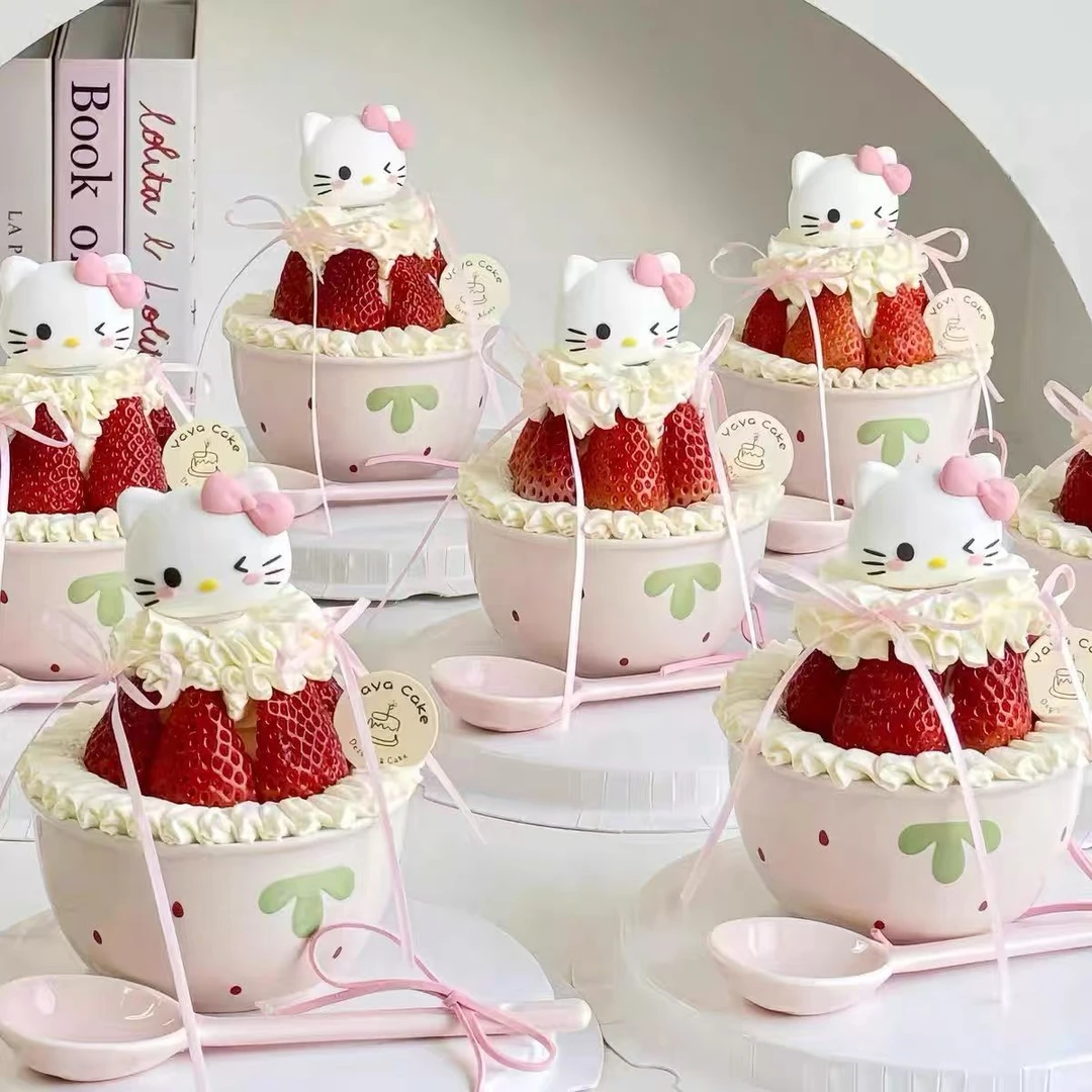 粉草莓蛋糕米饭碗批发蛋糕店家用少女心陶瓷釉下彩吃饭碗可爱碗