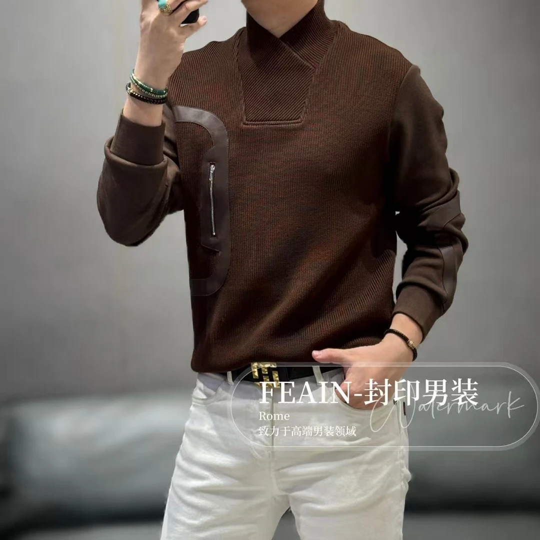 高端定制男士马鞍领设计手工拼皮加绒卫衣9195