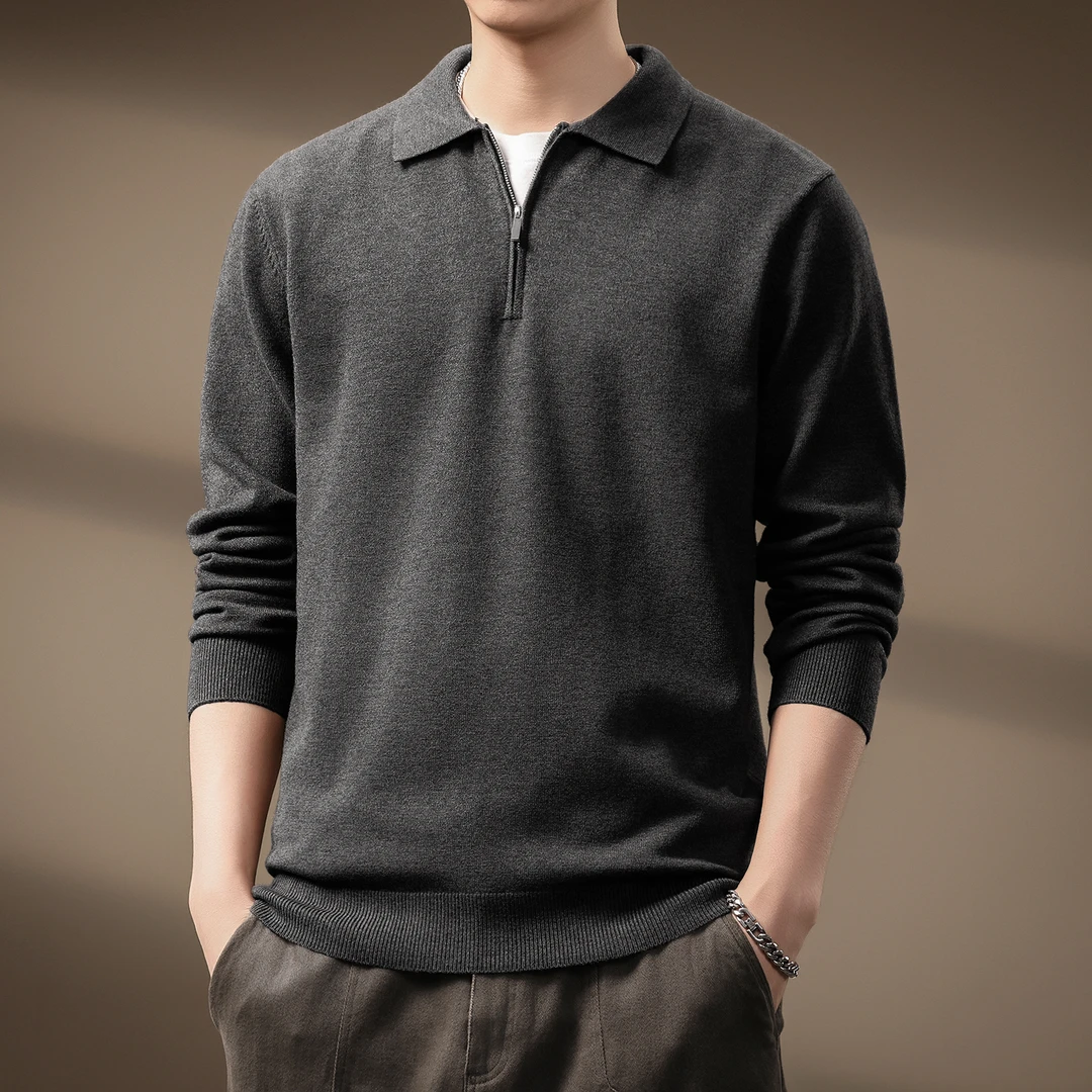 高端长袖毛衣针织衫男2025秋冬新款弹力修身翻领Polo衫打底衫上衣