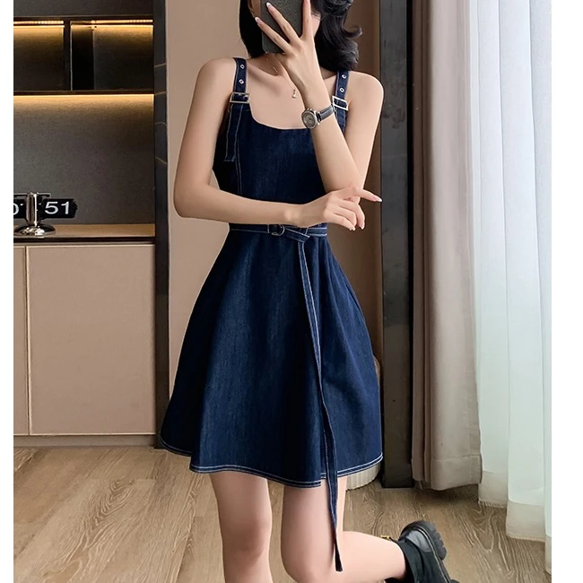 印花夏季连袖背带款纯色连衣裙小个子法式韩版小黑裙显瘦气质牛仔