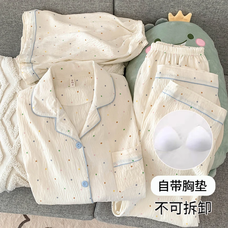 【胸垫版】带胸垫睡衣女夏短袖短裤长裤三件套装可爱日系学生家居服