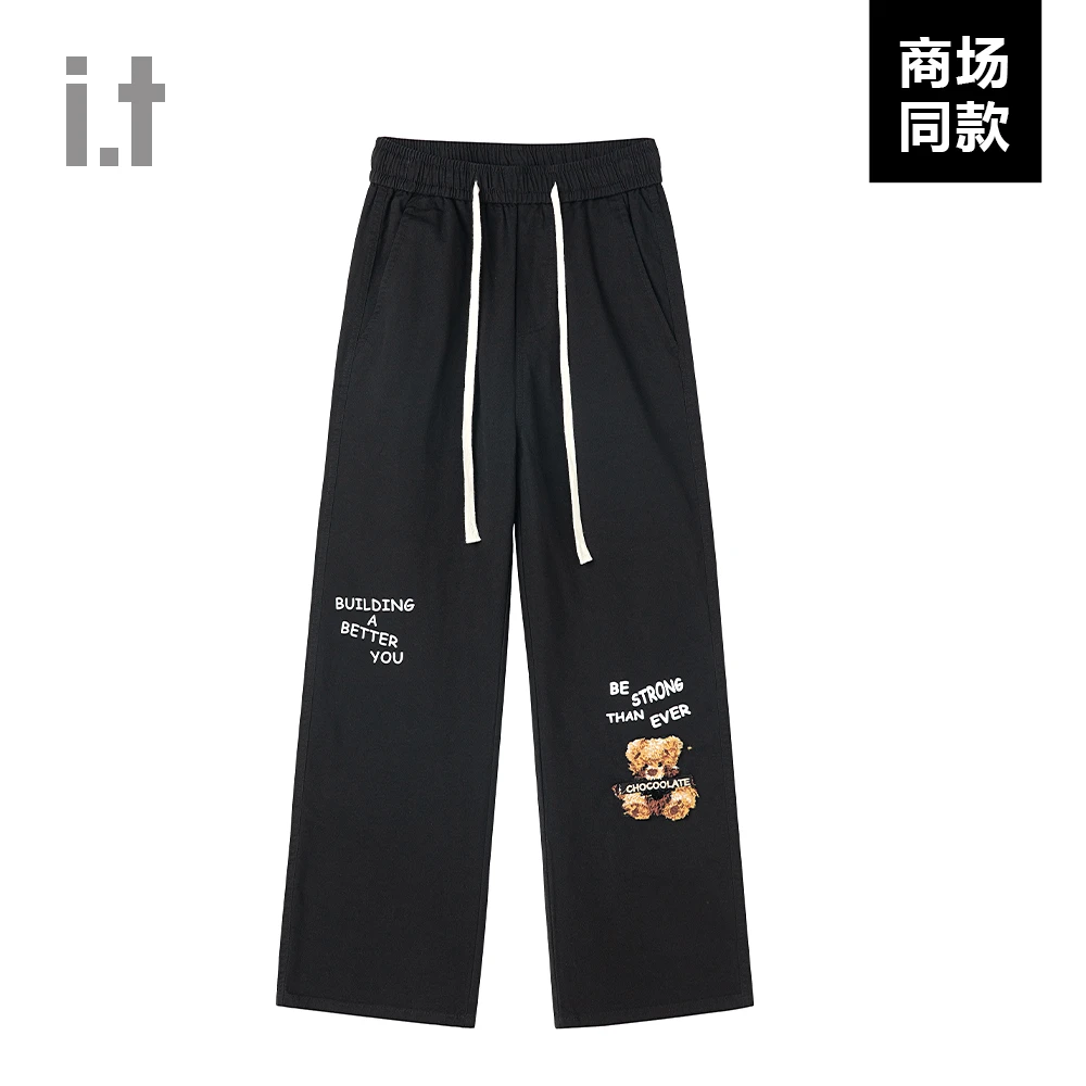 I.T旗下CHOCOOLATE潮牌2025新款小熊印花休闲裤男女同款黑色长裤