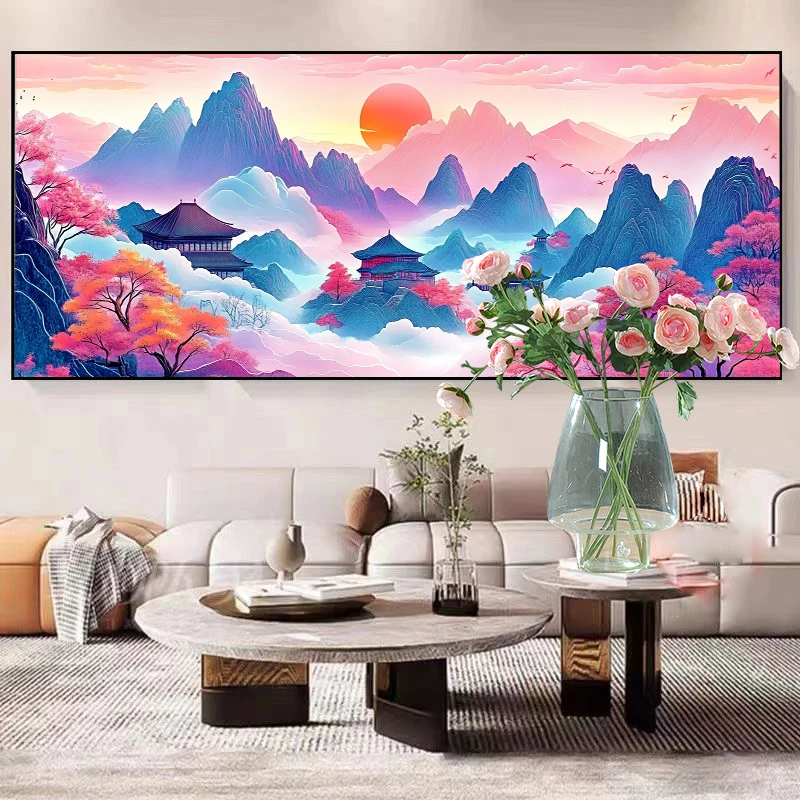 新款山水风景画旭日东升满钻全贴魔方圆钻石画卧室客厅鸿运当头画