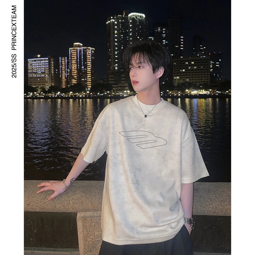 XT.25春夏复古废土风满天星脏脏白烫砖短袖男宽松休闲男士百搭