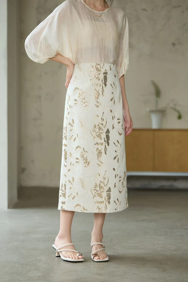 新款亮片刺绣亚麻半身裙5307