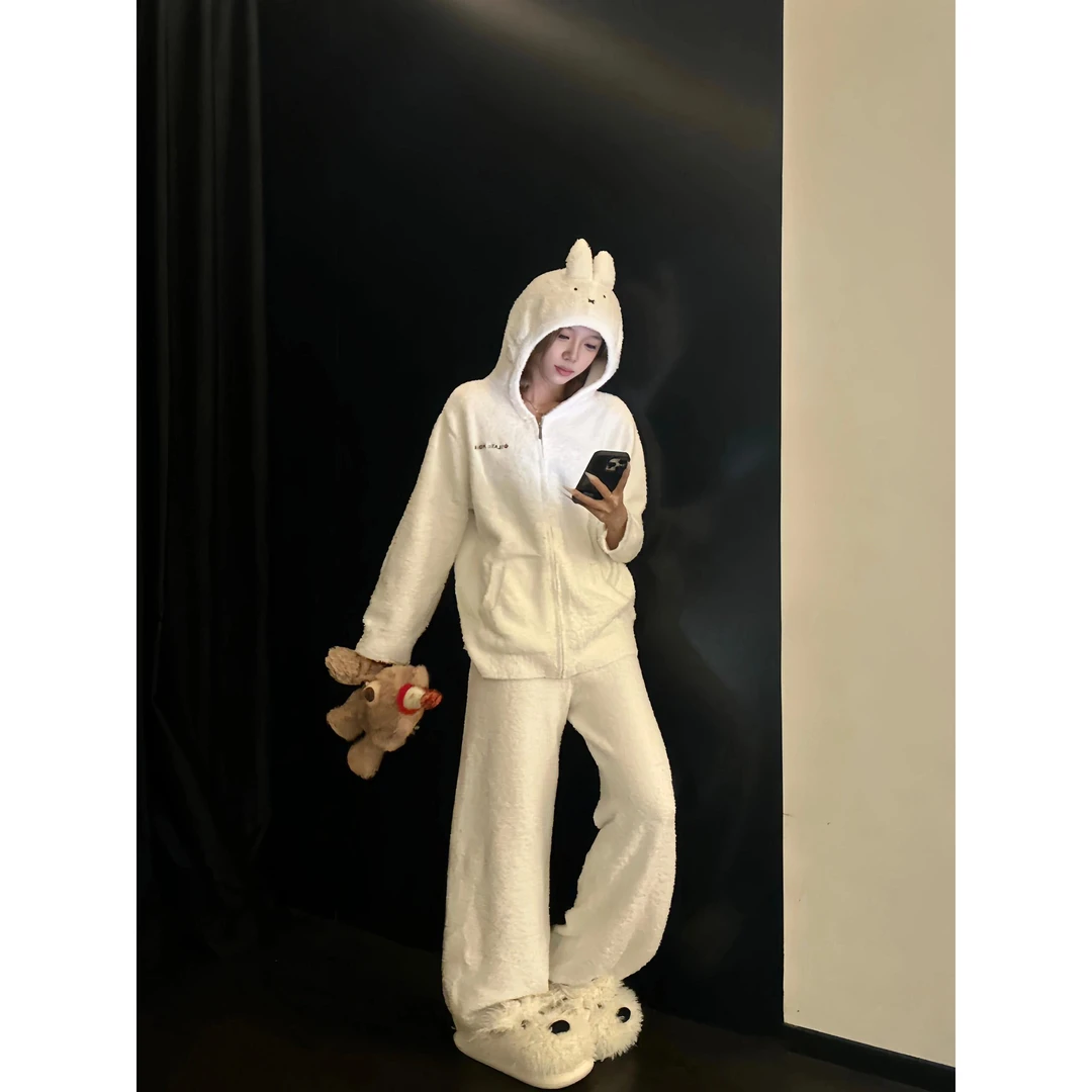 可爱米菲兔半边绒睡衣女冬季加厚毛绒针织连帽开衫长裤家居服套装