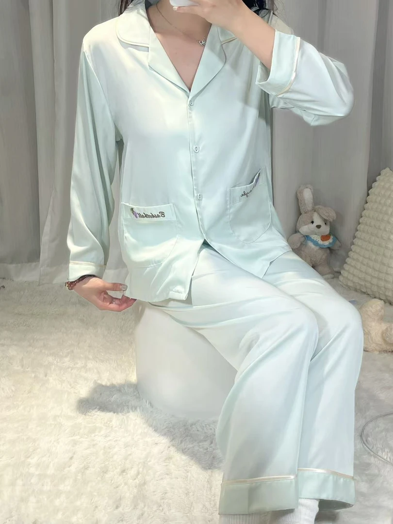 2025年女款夏季新款高品质冰丝睡衣两件套长袖长裤