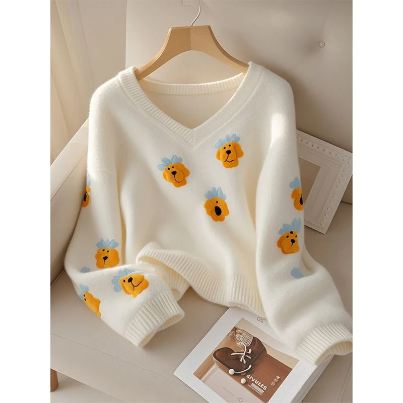 实物太美！韩系穿搭！宽松软糯慵懒风白色v领长袖针织毛衣外套秋冬