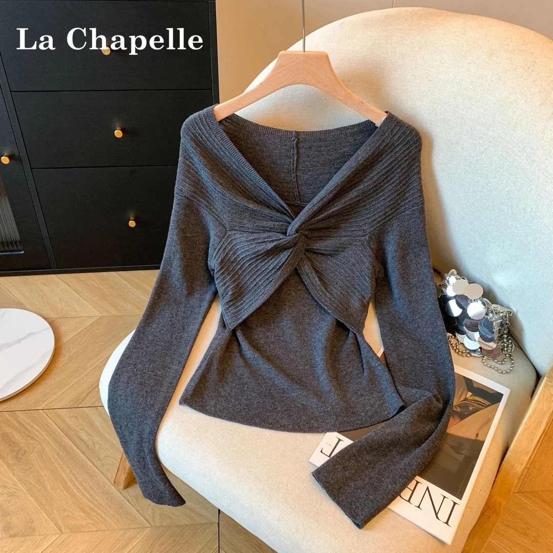 拉夏贝尔法式扭结V领长袖针织衫女2025秋冬季新款修身设计感上衣