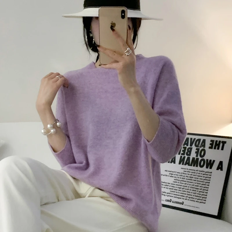 MDS100%羊毛衫一线圆领单股七分袖宽松纯色针织衫-813