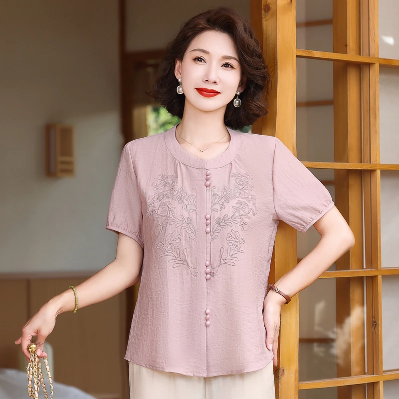 母亲节妈妈夏装新中式国风短袖女中老年夏季新款洋气宽松刺绣衬衣