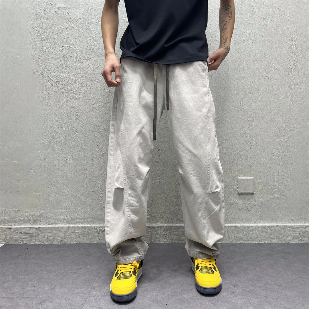 潮流美式阔腿休闲裤春季男士宽松做旧脏脏裤百搭痞帅工装直筒长裤