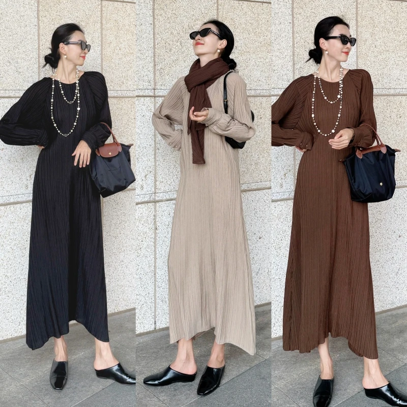 【韩女士穿搭】早秋新品高个子中长款显瘦褶皱宽松显瘦连衣裙长袖