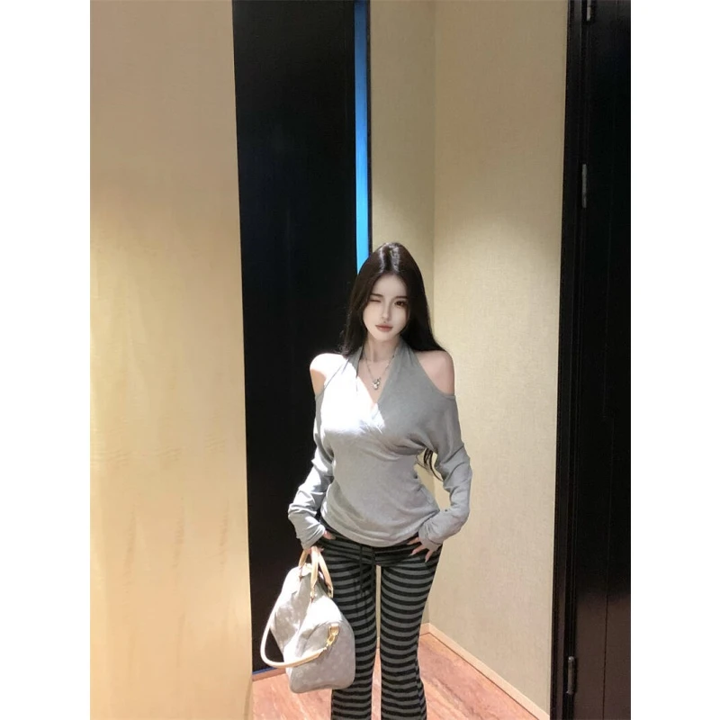 韩版辣妹纯欲风性感露背挂脖长袖T恤女秋季高腰条纹微喇休闲长裤