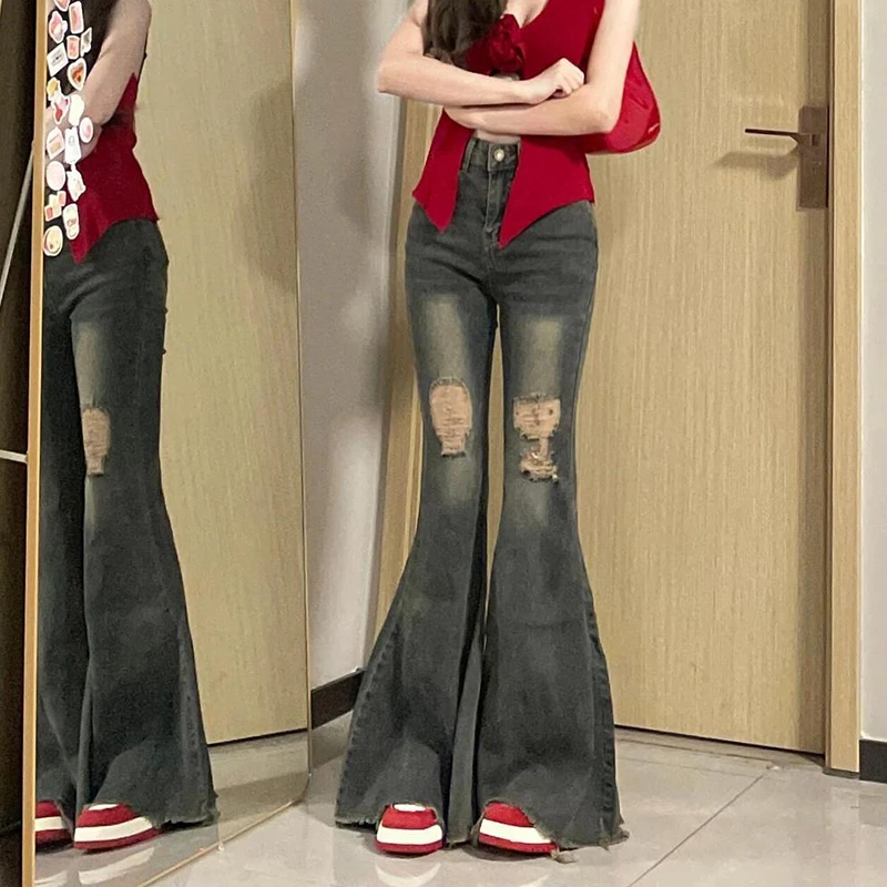 2-300斤胖mm大码女装复古破洞毛边喇叭牛仔裤高腰修身显瘦拖地裤