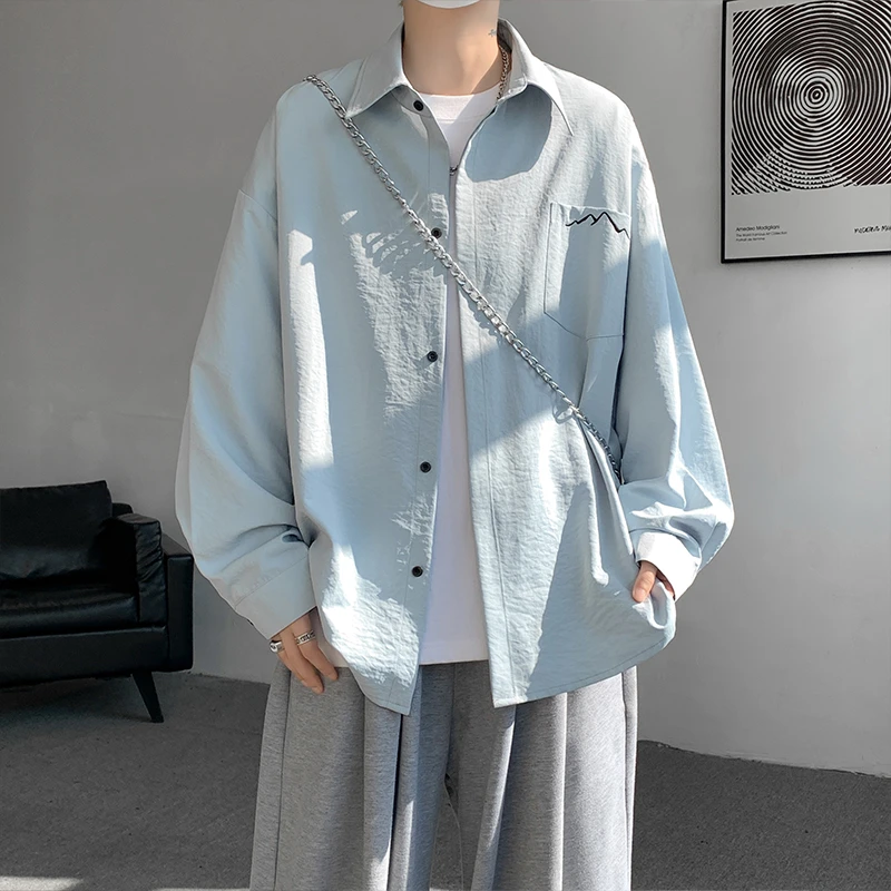 爆款男款奶蓝色冰丝长袖衬衫男春夏季透气凉感衬衣简约宽松感上衣