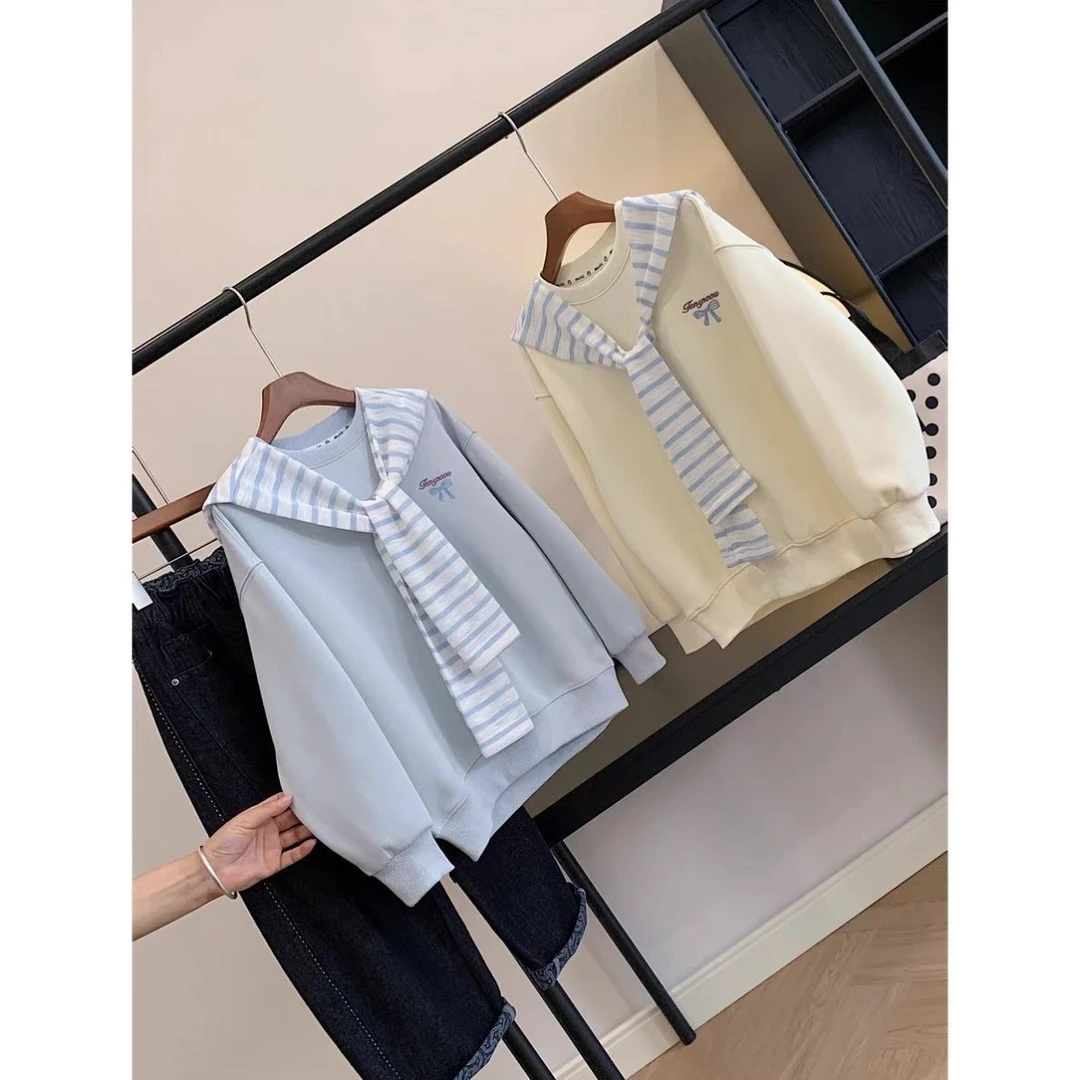 2025秋款女中大童韩版外穿新款学院条纹披肩圆领刺绣字母宽松卫衣