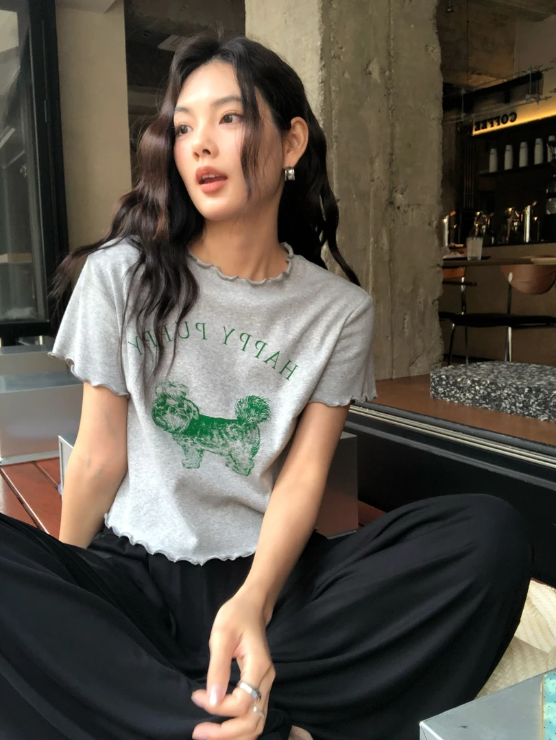 【任小艺5/31新品】木耳边可爱小狗印花T恤女短款tee上衣夏