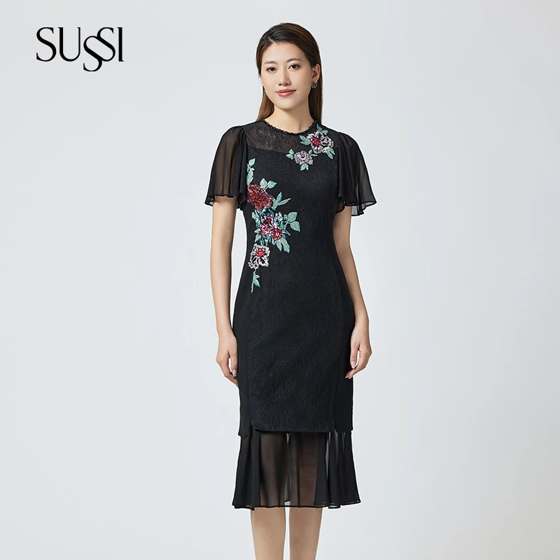 SUSSI/古色夏商场同款黑色圆领刺绣荷叶袖鱼尾连衣裙